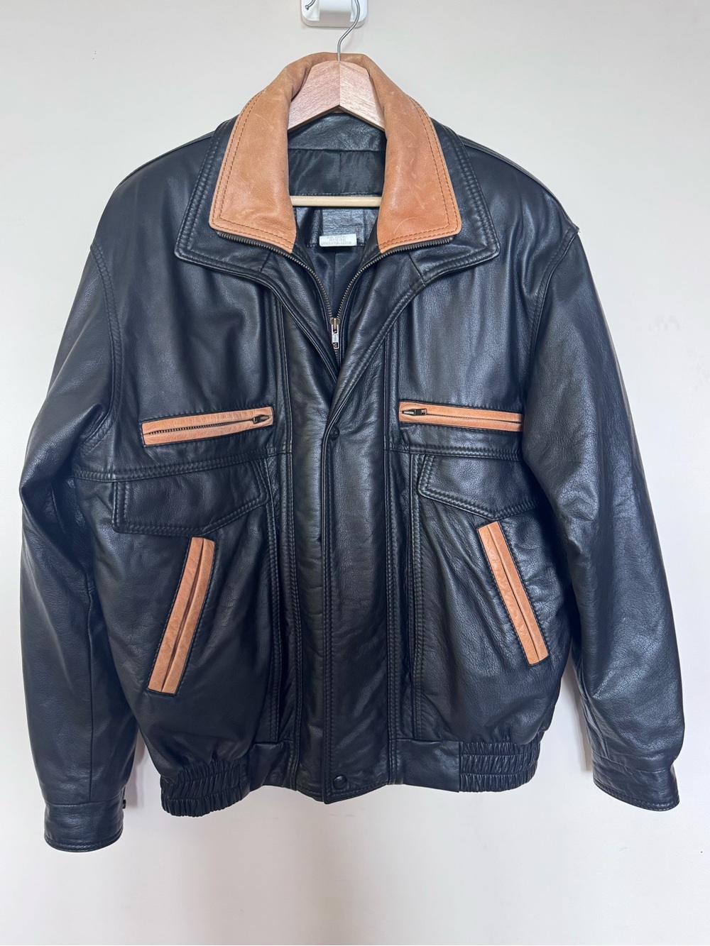 Like New Men's Black Leather Bomber Jacket with Tan Accents The Leather Ranch